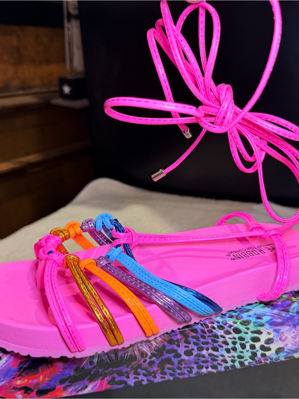 930. NIB Cape Robbin Neon Pink Multicolor Lace-Up Flat Sandals - Picture 5 of 9